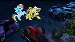 Size: 1920x1066 | Tagged: safe, daring do, rainbow dash, g4, (hw battle force 5) buster tank, (hw battle force 5) chopper, (hw battle force 5) reverb, (hw battle force 5) saber, (hw battle force 5) tangler atv, hot wheels, hot wheels battle force 5