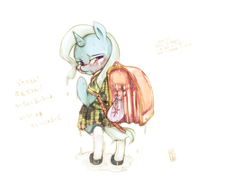 Size: 1000x812 | Tagged: safe, artist:girlieginger, trixie, pony, unicorn, g4, backpack, bipedal, blushing, clothes, crying, digital art, dress, female, filly, japanese, looking at you, looking back, mare, randoseru, shoes, socks, solo, standing, text, wet, wet clothes, wet mane, younger