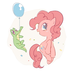 Size: 500x500 | Tagged: safe, artist:raichi, gummy, pinkie pie, earth pony, pony, g4, abstract background, balloon, confetti, cute, diapinkes, duo, female, mare, open mouth