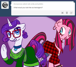 Size: 1280x1131 | Tagged: safe, artist:rastaquouere69, pinkie pie, rarity, ask rarity and pinkie, g4, braces, female, glasses, goth, lesbian, ship:raripie, shipping, younger