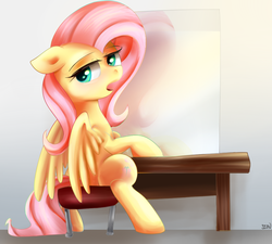 Size: 1000x900 | Tagged: safe, artist:sion-ara, fluttershy, g4, female, lidded eyes, looking back, mirror, open mouth, sitting, solo, stool