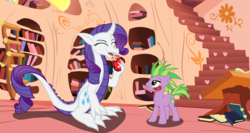 Size: 6000x3200 | Tagged: safe, artist:magister39, rarity, spike, dragon, pony, g4, alternate universe, dragoness, dragonified, eating, female, fire ruby, horn, kiss mark, lipstick, male, ponified, ponified spike, raridragon, role reversal, ship:sparity, shipping, species swap, straight