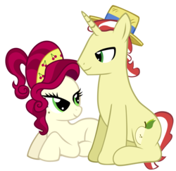 Size: 3632x3520 | Tagged: safe, artist:mrbrandonmac, cherry jubilee, flim, earth pony, pony, unicorn, g4, cherryflim, female, hat, high res, looking at each other, male, mare, shipping, simple background, stallion, straight, transparent background