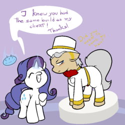 Size: 666x666 | Tagged: safe, artist:shenhibiki, rarity, oc, oc:shenhibiki, pony, unicorn, g4, ask, carousel boutique, clothes, dialogue, hat, magic, pincushion, tumblr