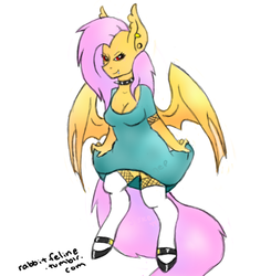 Size: 519x529 | Tagged: safe, artist:bunnycat, fluttershy, anthro, g4, clothes, dress, female, flutterbat, mary janes, red eyes, solo