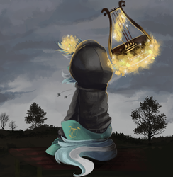 Size: 3784x3872 | Tagged: dead source, safe, artist:matrosha123, lyra heartstrings, pony, unicorn, fanfic:background pony, g4, clothes, dark, fanfic art, female, high res, hoodie, lyre, magic, musical instrument, ponies wearing black, solo