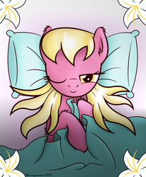 Size: 1328x1610 | Tagged: safe, artist:bluemeganium, lily, lily valley, g4, bed, blanket, female, flower, lily (flower), looking at you, morning ponies, pillow, sleepy, solo, wink