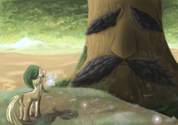 Size: 1024x717 | Tagged: safe, artist:novaquinmat, day, great deku tree, hilarious in hindsight, link, looking up, navi, ponified, the legend of zelda, tree, video game