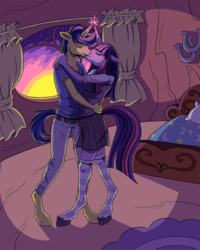 Size: 1350x1688 | Tagged: safe, artist:catsncupcakes, comet tail, twilight sparkle, anthro, g4, bed, clothes, crack shipping, female, horn, horns are touching, kissing, male, ship:cometlight, shipping, straight