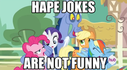 Size: 1260x700 | Tagged: safe, applejack, discord, pinkie pie, rainbow dash, rarity, g4, three's a crowd, blue flu, hape, hubble, image macro, impact font, meme