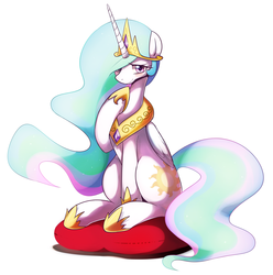 Size: 3545x3577 | Tagged: safe, artist:maren, princess celestia, alicorn, pony, blushing, cute, cutelestia, female, hair over one eye, jewelry, looking at you, mare, necklace, pillow, shy, sitting, smiling, solo
