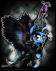 Size: 1865x2368 | Tagged: safe, artist:gray--day, trixie, twilight sparkle, alicorn, bird, crow, pony, g4, birdified, clothes, diablo (series), frown, glare, horns, lidded eyes, looking at you, maleficent, parody, race swap, raised hoof, robe, species swap, spread wings, staff, twilight sparkle is not amused, unamused
