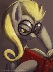 Size: 500x667 | Tagged: safe, artist:grissaecrim, derpy hooves, pegasus, pony, g4, book, bright eyes (mirror universe), epic derpy, female, glasses, mare, mirror universe, solo, wise muffins