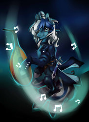 Size: 762x1048 | Tagged: safe, artist:anightlypony, oc, oc only, oc:nightly, pony, unicorn, blue, clothes, lute, magic, male, musical instrument, solo, stallion, sword