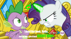 Size: 1449x808 | Tagged: safe, edit, edited screencap, screencap, rarity, spike, dragon, pony, g4, inspiration manifestation, bibliovore, corrupted, hub logo, image macro, inspirarity, laxative, male, meme, possessed