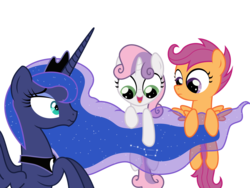 Size: 5000x3750 | Tagged: safe, artist:ex-machinart, princess luna, scootaloo, sweetie belle, alicorn, pegasus, pony, unicorn, g4, absurd resolution, constellation, female, filly, looking down, mare, open mouth, simple background, transparent background, trio, trio female, vector