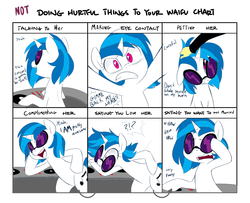 Size: 1600x1300 | Tagged: safe, artist:jessy, edit, dj pon-3, vinyl scratch, pony, unicorn, g4, /mlp/, accessory theft, colored, dialogue, doing loving things, female, looking at you, mare, meme, meme parody, offscreen character, open mouth, parody, pov, tsundere, waifu
