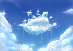 Size: 1247x878 | Tagged: dead source, safe, artist:mlpanon, city, cloud, cloudsdale, rainbow waterfall, scenery, sky