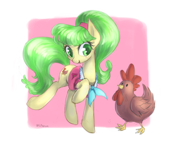 Size: 968x785 | Tagged: safe, artist:mlpanon, chickadee, ms. peachbottom, chicken, earth pony, pony, g4, clothes, female, simple background, solo, white background
