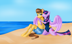 Size: 1280x788 | Tagged: safe, artist:theunearthlyone, caramel, twilight sparkle, anthro, g4, beach, blushing, clothes, crack shipping, cuddling, cute, female, hug, kissing, male, ocean, one-piece swimsuit, sand, ship:caralight, shipping, snuggling, straight, summer, swimsuit, topless, twilight sparkle (alicorn)