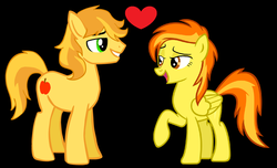 Size: 1024x623 | Tagged: safe, artist:3d4d, artist:alamber, artist:omg-chibi, artist:rulette, braeburn, spitfire, earth pony, pegasus, pony, g4, black background, duo, female, heart, male, mare, missing accessory, raised hoof, shipping, show accurate, simple background, spitburn, stallion, straight