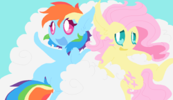 Size: 949x552 | Tagged: safe, artist:angelstar000, fluttershy, rainbow dash, g4, blushing, cloud, ear fluff, female, lesbian, on back, ship:flutterdash, shipping