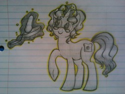 Size: 600x450 | Tagged: safe, artist:zigragirl, oc, oc only, oc:burnt-toaster, pony, unicorn, cute, female, irc, lined paper, mare, monochrome, outline, pancakes, pencil drawing, solo, traditional art