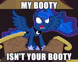 Size: 480x383 | Tagged: safe, princess luna, alicorn, pony, g4, angry, angry luna, caption, female, feminism, image macro, mare, meme, mouthpiece, nose wrinkle, open mouth, parody, pun, solo, spread wings, text, wings