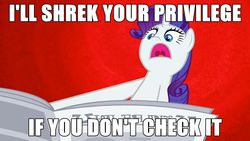 Size: 1280x720 | Tagged: safe, edit, edited screencap, screencap, rarity, g4, ponyville confidential, female, feminism, image macro, meme, paper, parody, shrek, solo