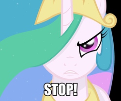Size: 979x816 | Tagged: safe, artist:ladynoob, edit, princess celestia, alicorn, pony, g4, angry, black background, bust, colored pupils, female, frown, glare, gritted teeth, hair over one eye, image macro, jontron, looking at you, mare, meme, portrait, reaction image, simple background, solo, stop