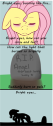 Size: 590x1396 | Tagged: safe, edit, angel bunny, fluttershy, pony, ask sombershy, g4, art garfunkel, bright eyes (song), comic, feels, female, grave, implied death, mare, reference, sad, solo, song, song reference, watership down