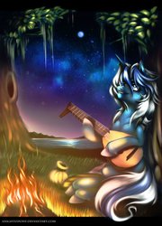 Size: 758x1053 | Tagged: safe, artist:anightlypony, oc, oc only, oc:nightly, bard, campfire, forest, lute, moon, musical instrument, night, solo, stars