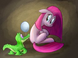 Size: 1032x774 | Tagged: safe, artist:thedoggygal, gummy, pinkie pie, g4, balloon, blank flank, comforting, cute, duo, mouth hold, pinkamena diane pie