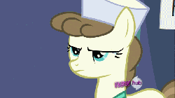 Size: 640x360 | Tagged: safe, artist:dtkraus, edit, edited screencap, screencap, roma, g4, putting your hoof down, all new, animated, annoyed, common sense, female, filters, glare, gritted teeth, hub logo, meta, pointing, reaction image, solo, talking, text, truth, use a filter, wide eyes