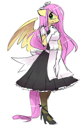 Size: 1259x1920 | Tagged: safe, artist:kilo, fluttershy, pegasus, anthro, g4, blushing, clothes, dress, female, fluttermaid, gloves, high heels, maid, pantyhose, simple background, solo, white background, wings