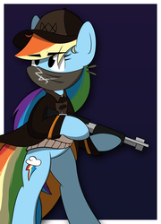 Size: 2806x3895 | Tagged: safe, artist:dahhez, rainbow dash, pony, g4, aiden pearce, bandana, bipedal, cosplay, crossover, female, gun, high res, mare, mask, shotgun, simple background, solo, watch dogs, weapon, wingless