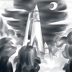 Size: 1024x1024 | Tagged: safe, artist:sonicdramon, pinkie pie, g4, grayscale, monochrome, moon, rocket, silhouette, smiley face, to the moon