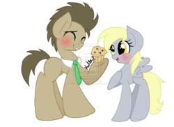 Size: 1280x931 | Tagged: dead source, safe, artist:keira-chann, derpy hooves, doctor whooves, time turner, pegasus, pony, g4, blushing, deviantart watermark, female, mare, muffin, obtrusive watermark, watermark