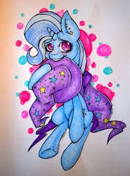 Size: 769x1039 | Tagged: safe, artist:paint-splatters, trixie, pony, unicorn, g4, blushing, bubble, colored, cute, diatrixes, earring, female, looking at you, mare, mouth hold, piercing, sitting, smiling, solo, traditional art, underhoof
