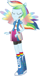 Size: 3423x6500 | Tagged: safe, artist:theshadowstone, rainbow dash, equestria girls, g4, absurd resolution, boots, colored wings, eyes closed, female, gradient wings, humanized, multicolored wings, ponied up, rainbow power, rainbow wings, shoes, simple background, smiling, solo, spread wings, transparent background, vector, winged humanization, wings