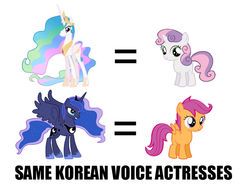 Size: 800x600 | Tagged: safe, princess celestia, princess luna, scootaloo, sweetie belle, g4, exploitable meme, jeong yu-mi, korea, korean, meme, same voice actor, yang jeong-hwa