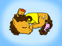 Size: 600x450 | Tagged: safe, artist:crazynutbob, cheese sandwich, oc, oc:fudge fondue, oc:pizza pockets, g4, colt, cute, filly, foal, male, offspring, parent:cheese sandwich, parent:pinkie pie, parents:cheesepie, sleep pile, sleeping