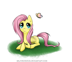 Size: 2300x2000 | Tagged: safe, artist:bel-assa, fluttershy, butterfly, pegasus, pony, g4, cute, female, folded wings, high res, looking at something, looking up, mare, prone, simple background, solo, transparent background