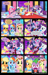 Size: 2000x3152 | Tagged: safe, artist:mlp-silver-quill, applejack, fluttershy, pinkie pie, princess cadance, rainbow dash, rarity, shining armor, spike, twilight sparkle, oc, oc:clutterstep, alicorn, pony, comic:a princess' tears, g4, angry, blushing, clothes, comic, creepy, dress, female, fourth wall, high res, mane seven, mane six, mare, overprotective, scrunchy face, speech bubble, twilight sparkle (alicorn)