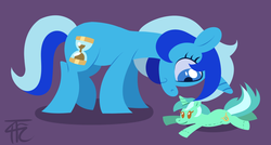 Size: 1344x718 | Tagged: dead source, safe, artist:php92, lyra heartstrings, minuette, pony, unicorn, g4, female, lyra plushie, plushie, simple background, solo