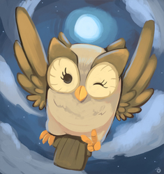 Size: 500x532 | Tagged: safe, artist:ende26, owlowiscious, bird, owl, g4, cute, featured image, flying, looking at you, male, moon, one eye closed, peace sign, solo, spread wings, wings, wink