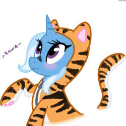 Size: 600x600 | Tagged: safe, artist:hudoyjnik, trixie, big cat, pony, tiger, unicorn, g4, blushing, catsuit, clothes, cosplay, costume, cute, female, mare, purple eyes, rawr, solo