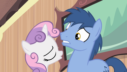 Size: 1280x720 | Tagged: safe, screencap, blues, noteworthy, sweetie belle, for whom the sweetie belle toils, g4, kissy face, out of context