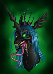 Size: 921x1280 | Tagged: safe, artist:crovirus, queen chrysalis, changeling, changeling queen, g4, crown, drool, female, jewelry, maw, nightmare fuel, regalia, solo, tongue out