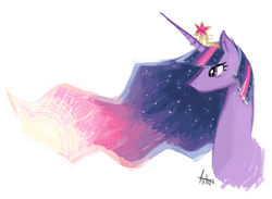 Size: 726x532 | Tagged: safe, artist:tatinee, twilight sparkle, alicorn, pony, g4, big crown thingy, bust, ethereal mane, female, jewelry, mare, older, portrait, regalia, simple background, solo, twilight sparkle (alicorn), ultimate twilight, white background